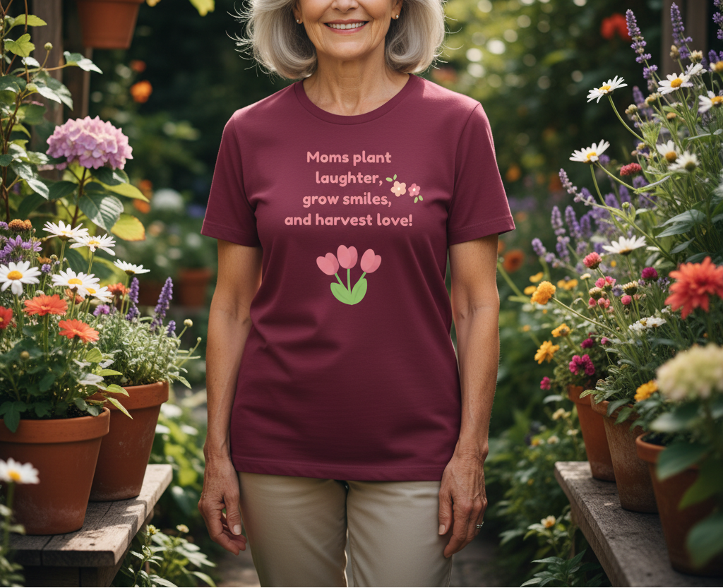 Woman wearing a maroon t-shirt with a floral design and text, standing in a garden.