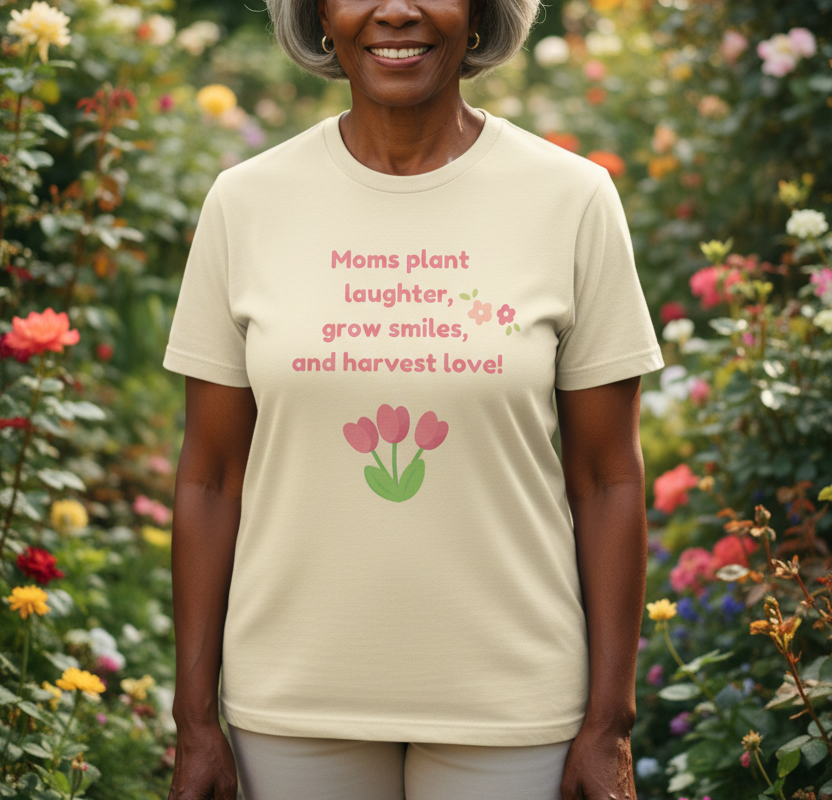Woman wearing a t-shirt with a floral design and text in a garden