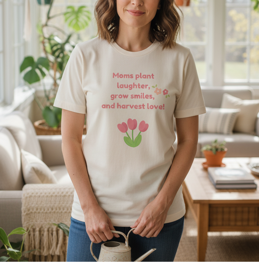 Woman wearing a t-shirt with a motivational quote and flower graphics in a living room.