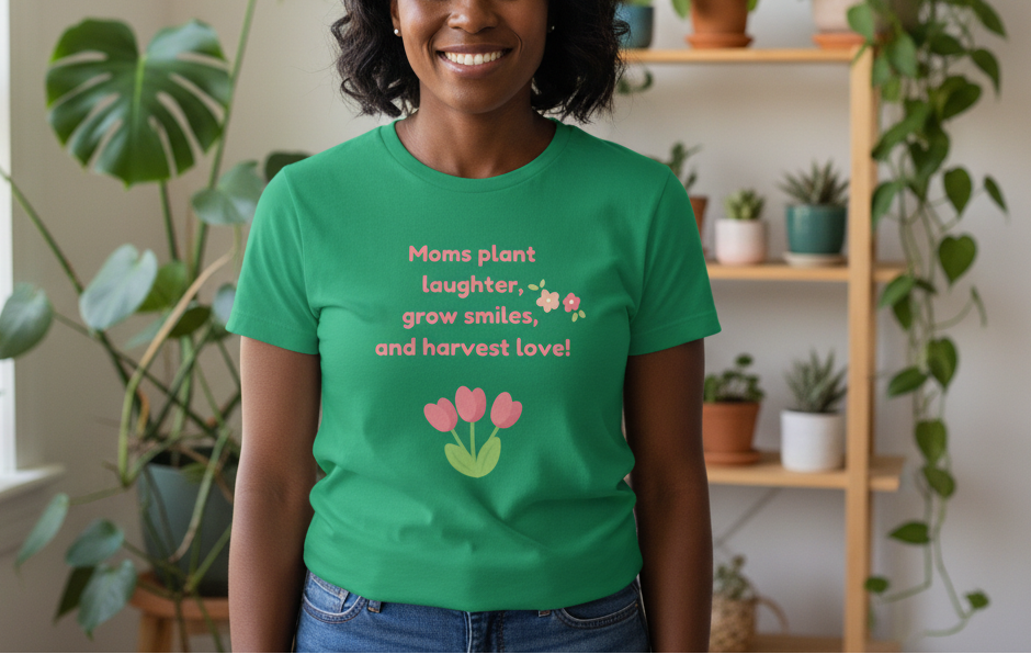 Person wearing a green t-shirt with a motivational quote and tulip design, standing in a room with plants.