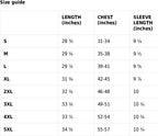 Size guide chart for clothing with measurements in inches