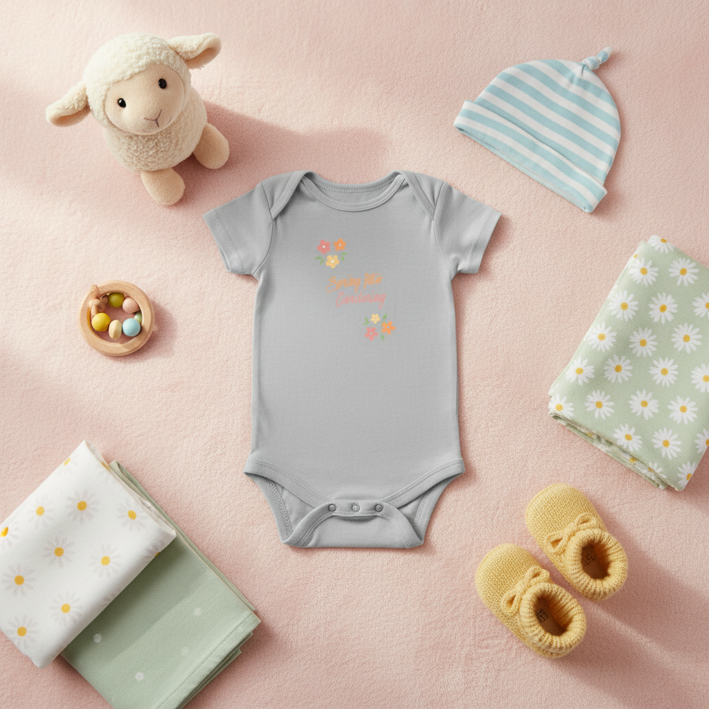 Baby clothing and accessories including a onesie, hat, and shoes on a pink background