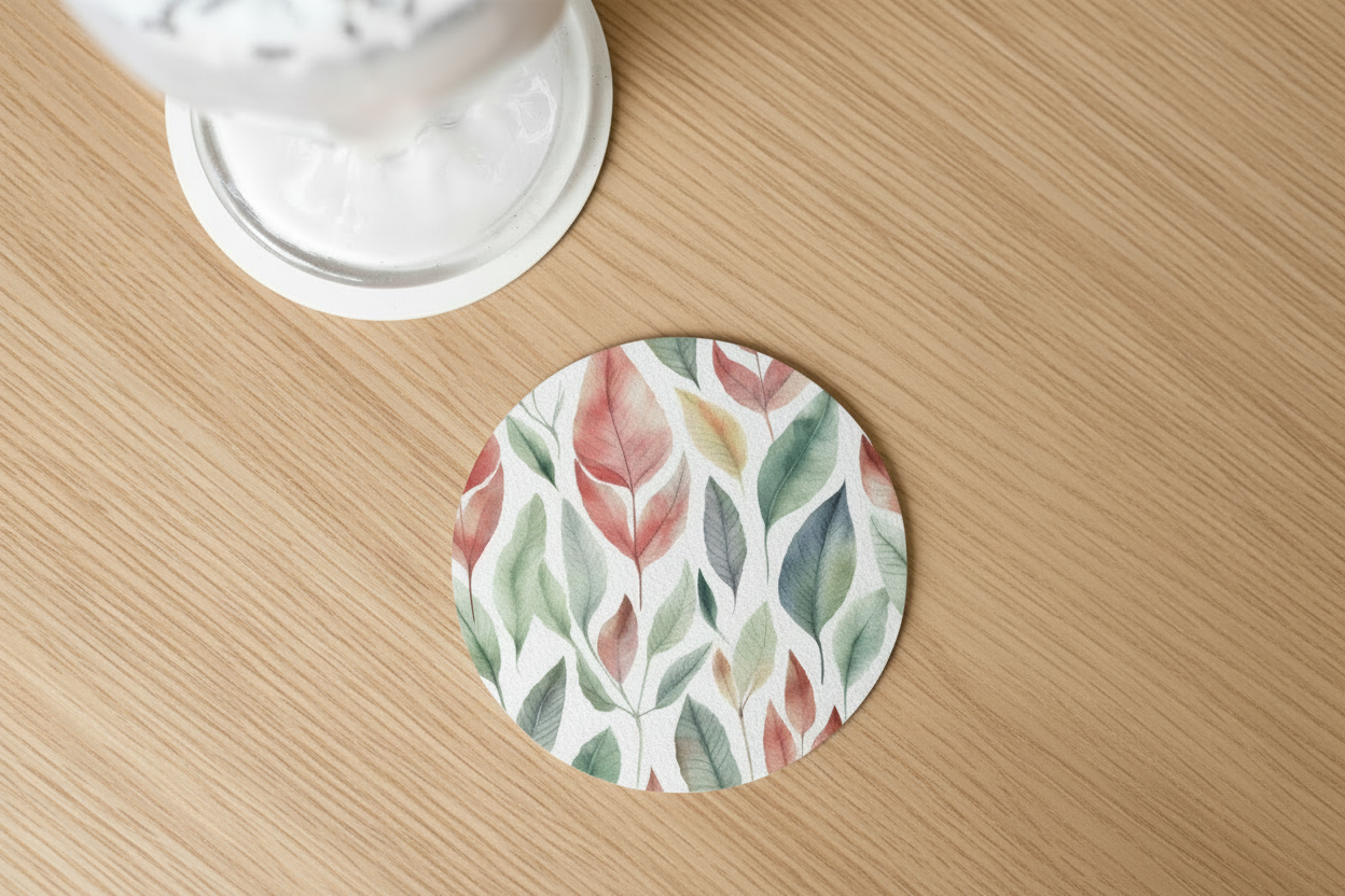 Decorative coaster with floral design on a wooden surface