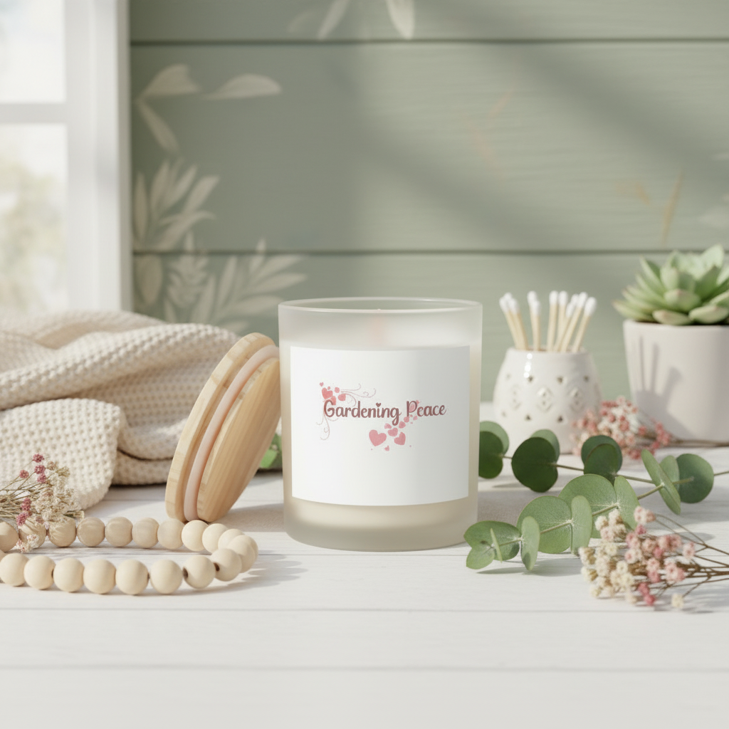 Candle labeled 'Gardening Peace' on a table with decorative items and plants.