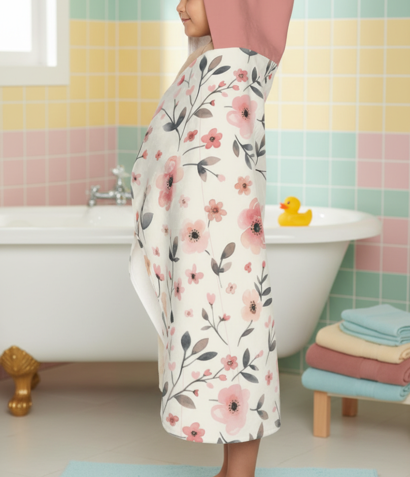 Person wearing a floral dress in a bathroom with colorful tiles and a bathtub.