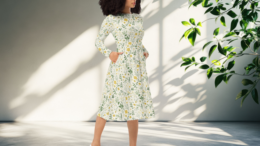 White Floral long sleeve midi dress