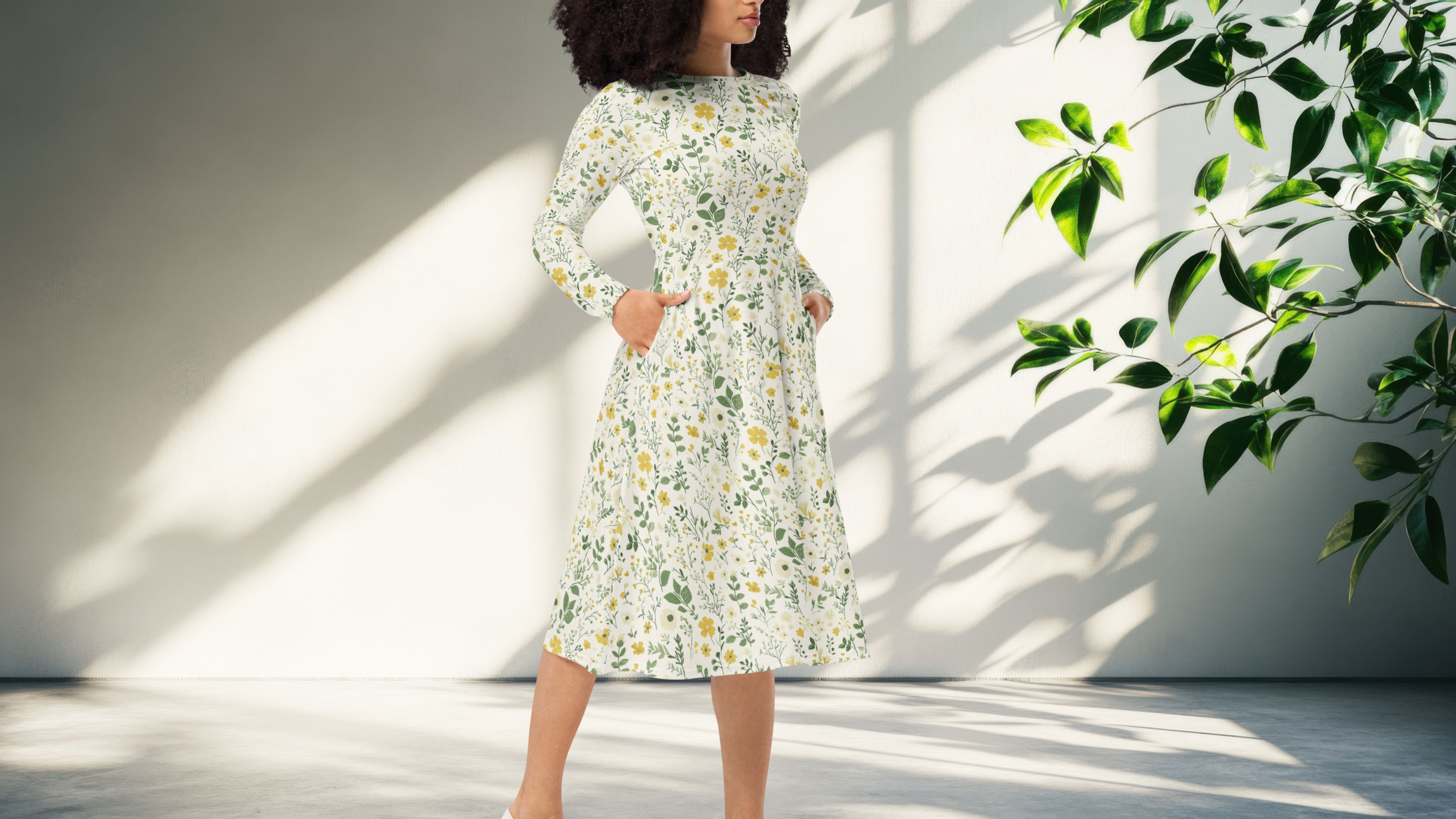 White Floral long sleeve midi dress