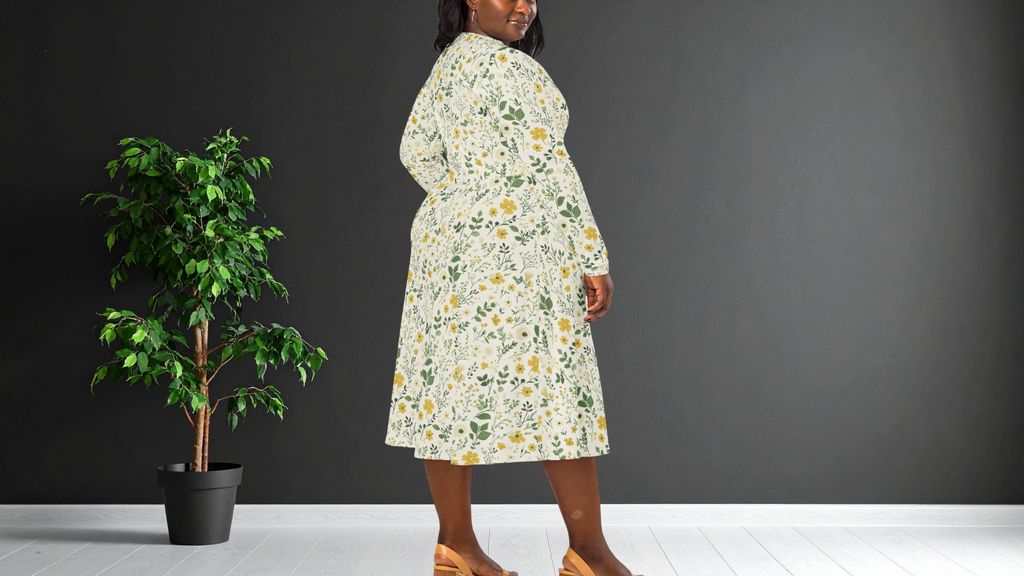 Woman wearing a floral dress standing next to a potted plant against a dark wall.