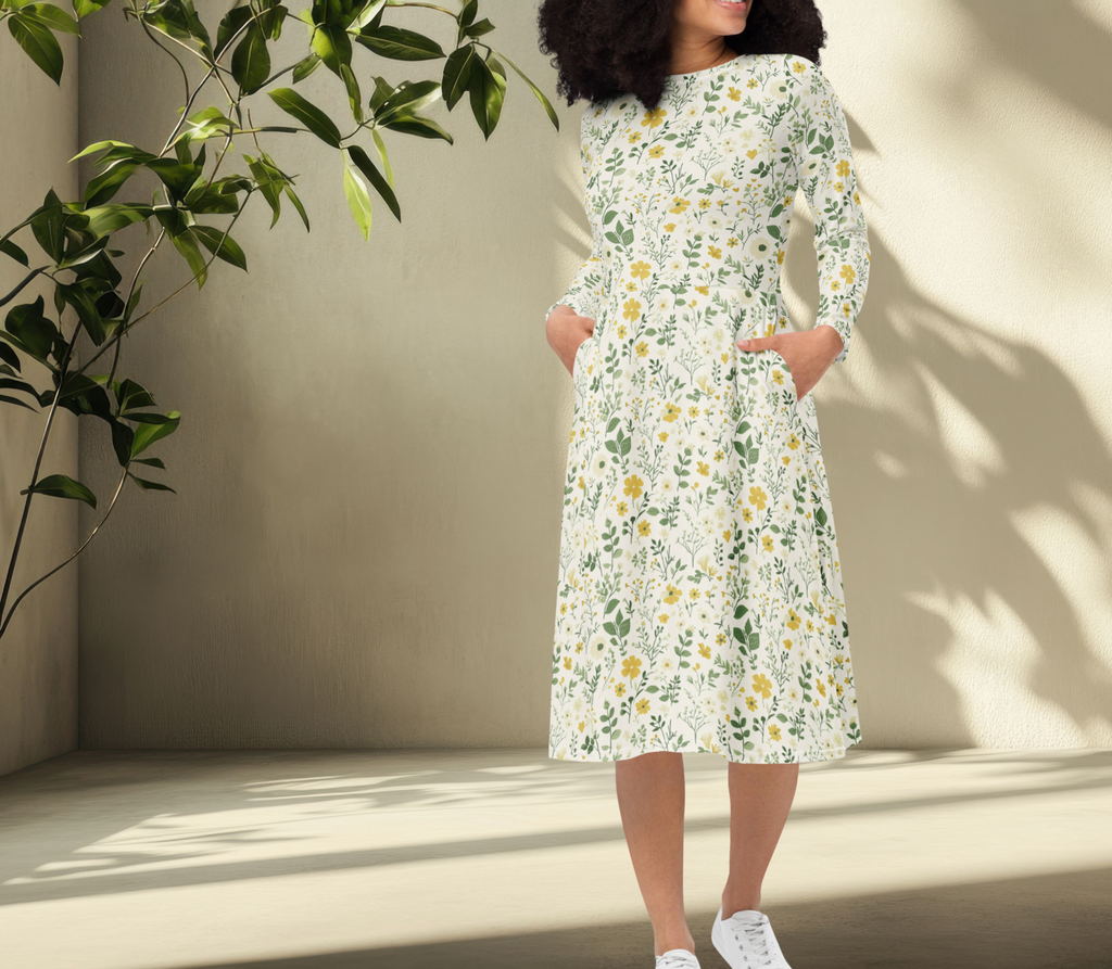 Woman wearing a floral dress standing against a neutral wall with a plant to the left.