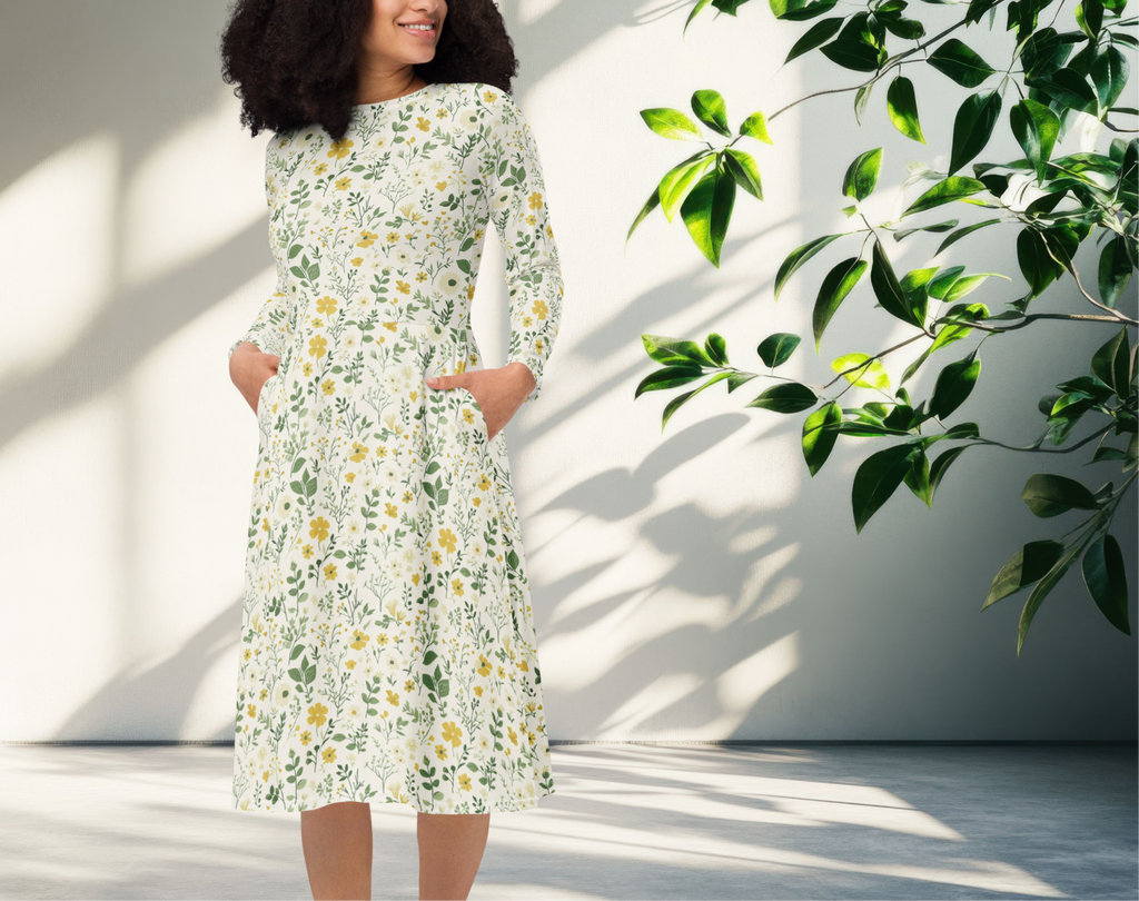 Woman wearing a floral dress standing in a bright room with sunlight casting shadows.