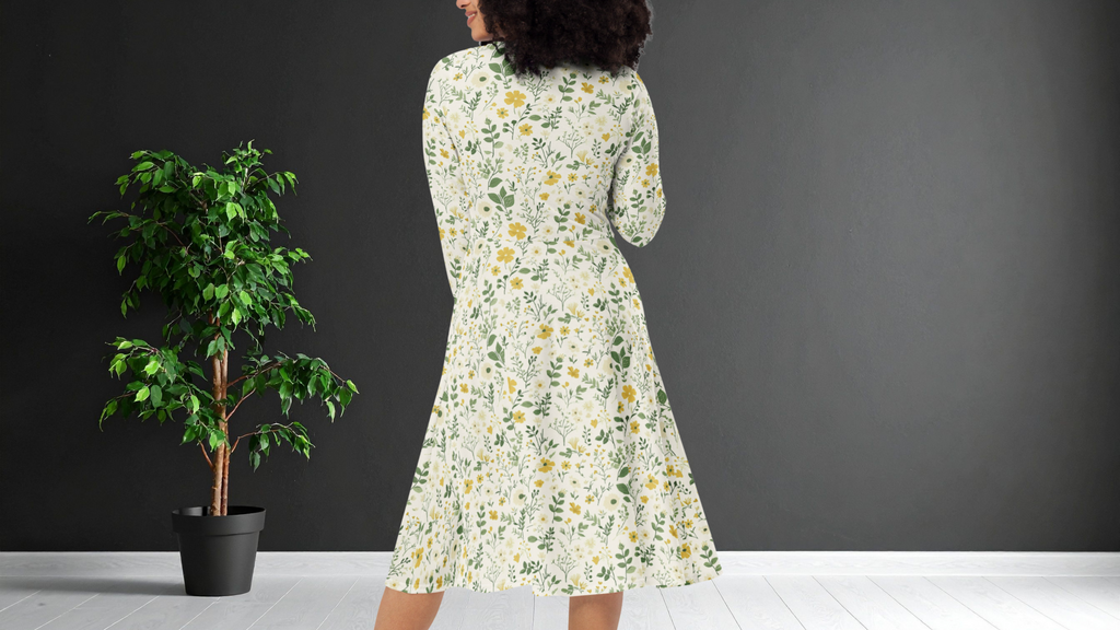 Woman wearing a floral dress standing next to a potted plant against a dark wall.