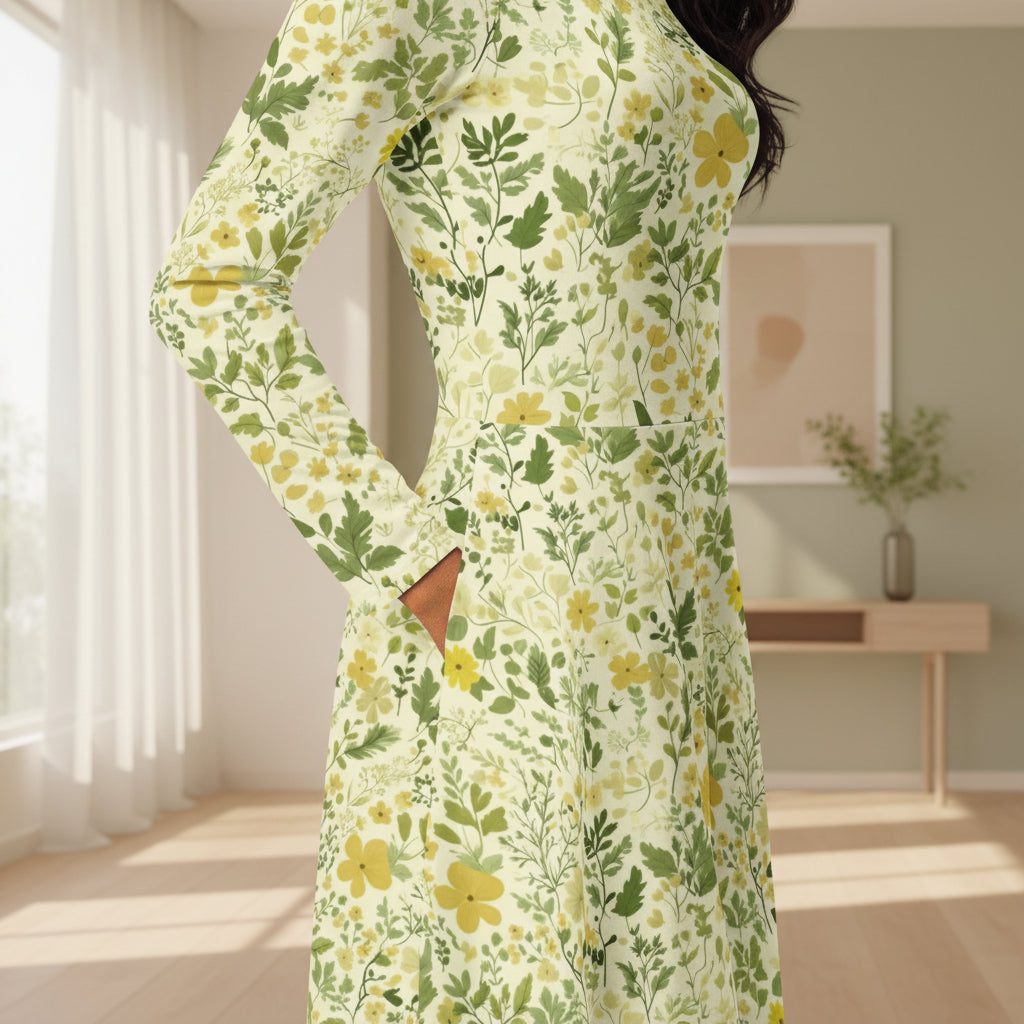 Woman in a kitchen wearing a yellow floral dress.