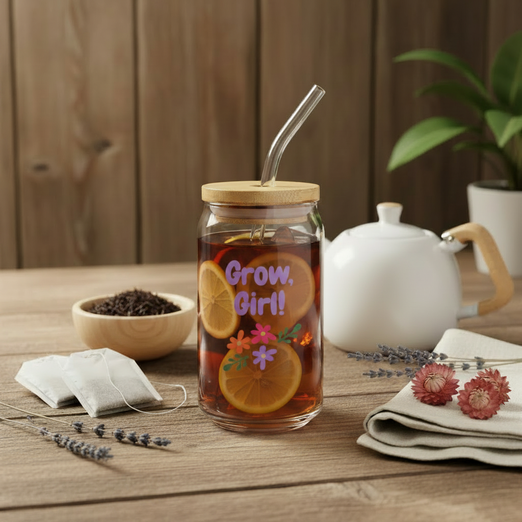 Glass jar with tea and straw, wooden lid, on a wooden table with teapot and lavender.