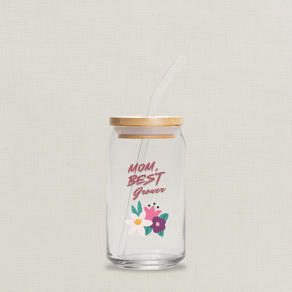 Clear glass jar with straw and wooden lid, featuring 'Mom, Best Grower' text and floral design on a white background.