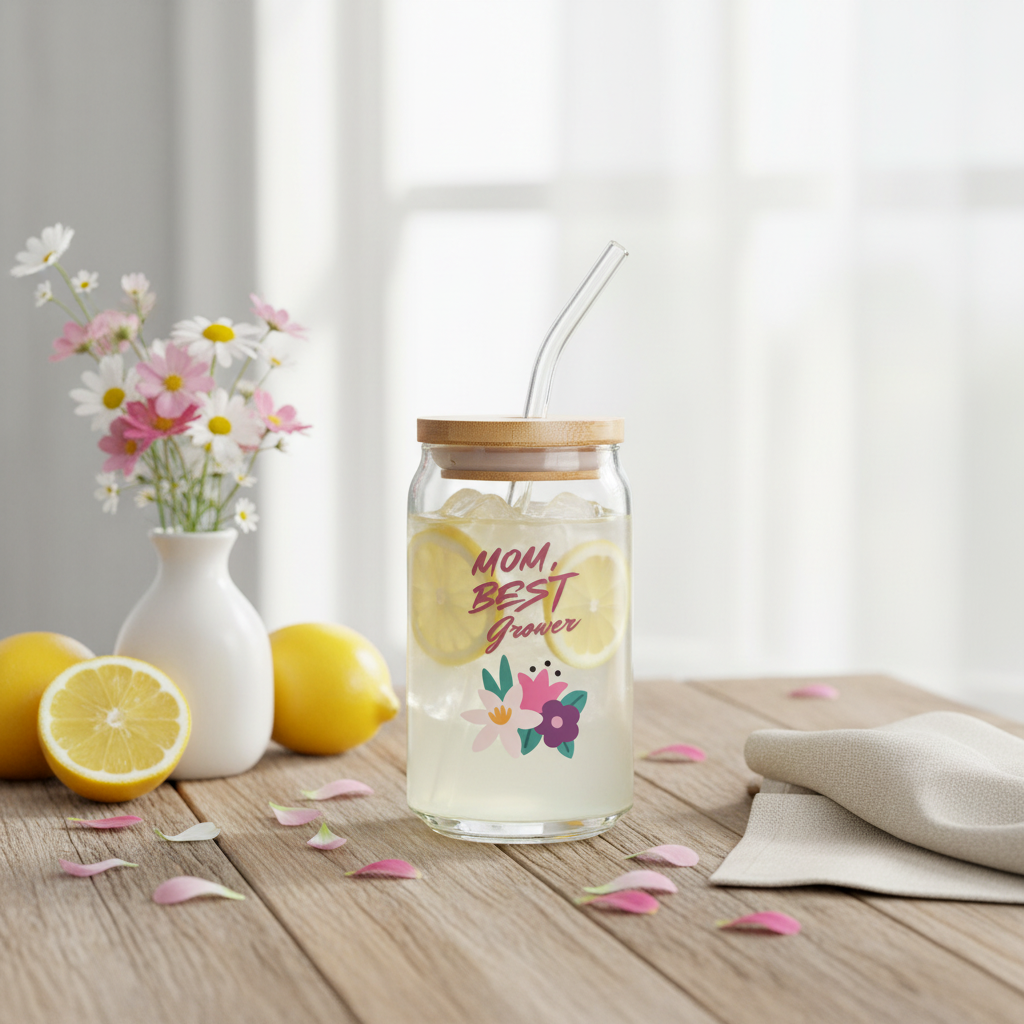 Glass jar with a wooden lid, lemonade, and flowers on a wooden table.