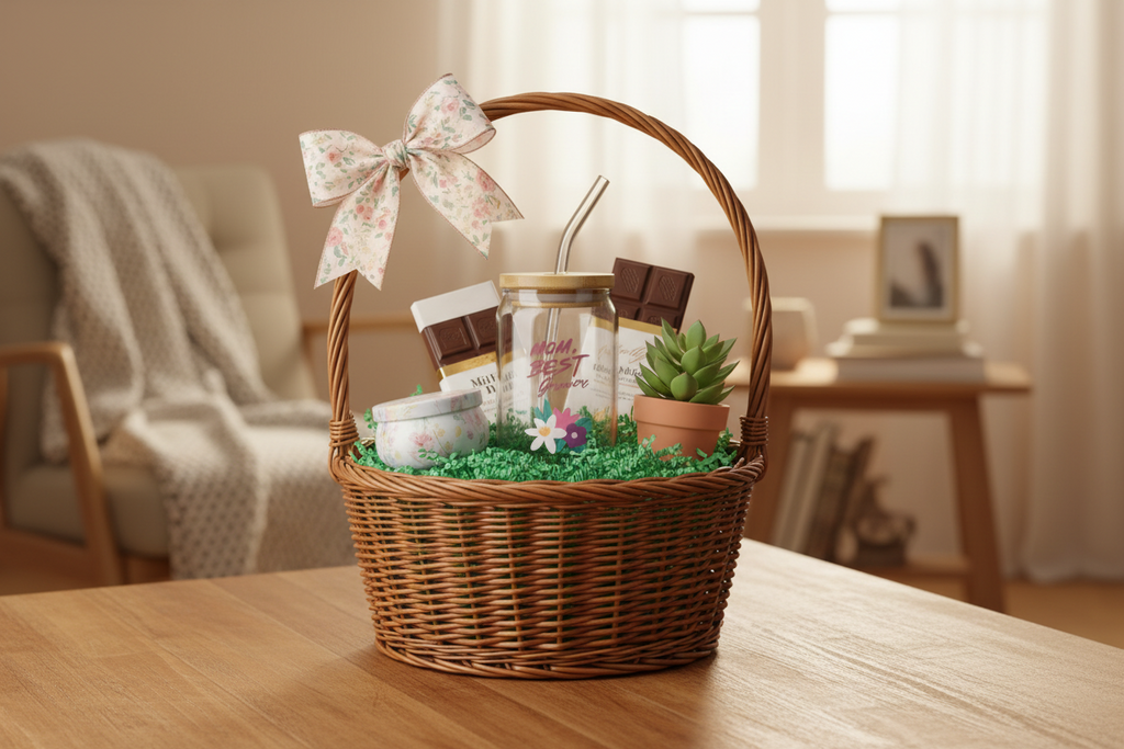 Wicker gift basket with a bow on a wooden table, containing a jar, chocolate, and small plants.