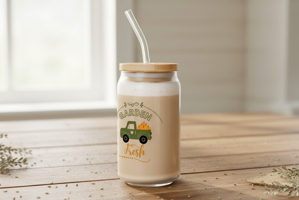 Jar with a straw lid on a wooden surface with a garden-themed label.