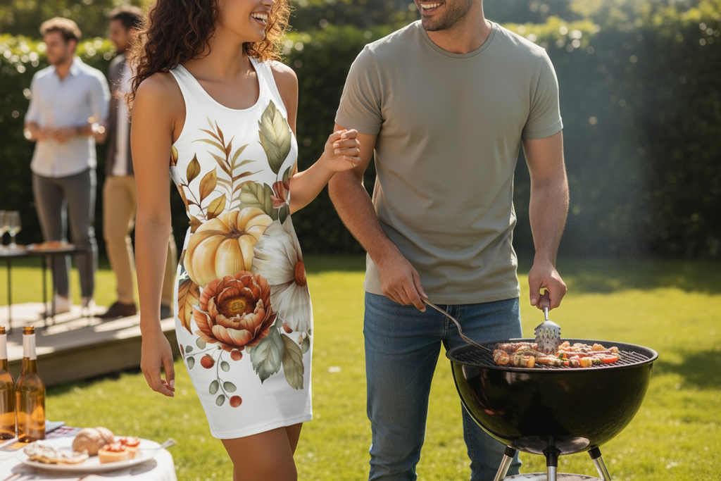 Man grilling food on a barbecue while a woman in a floral dress stands nearby, with people in the background.