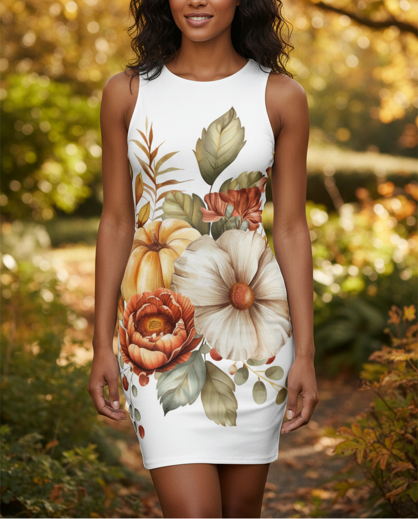 Woman wearing a white dress with autumn-themed floral and leaf design in a forest setting