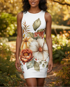 Woman wearing a white dress with autumn-themed floral and leaf design in a forest setting