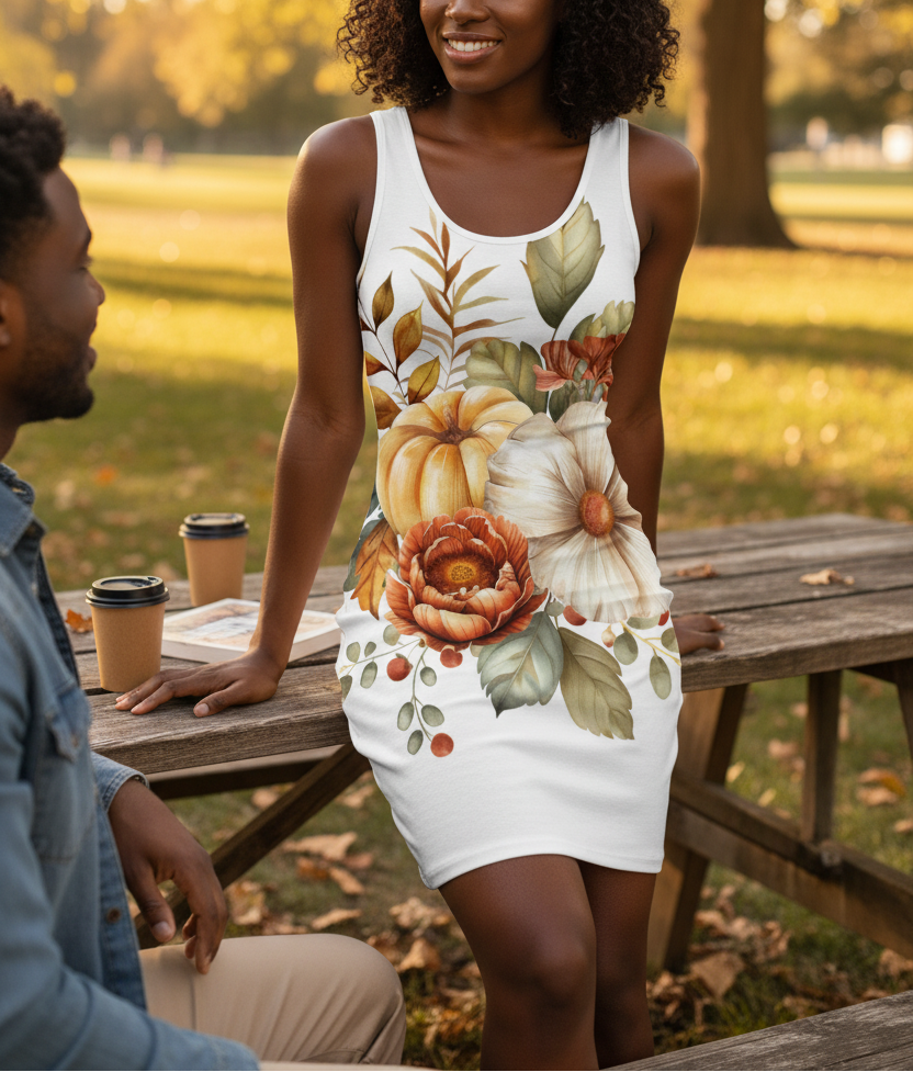 Woman in a floral dress sitting at a picnic table with a man, enjoying a sunny day outdoors.