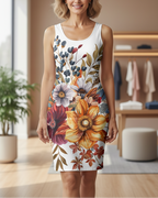 Woman wearing a floral dress in a room with a plant and furniture.