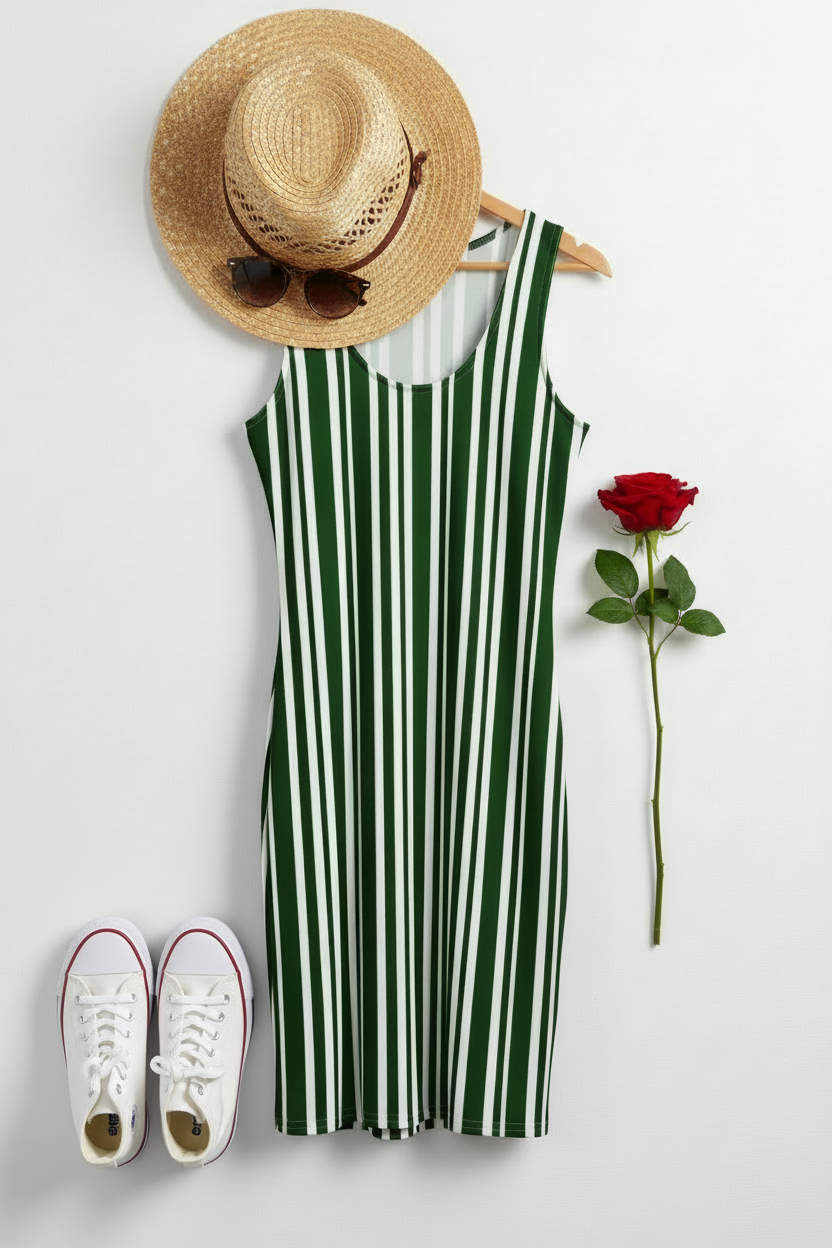Green and white striped dress with a straw hat, sunglasses, white sneakers, and a red rose on a light gray background.