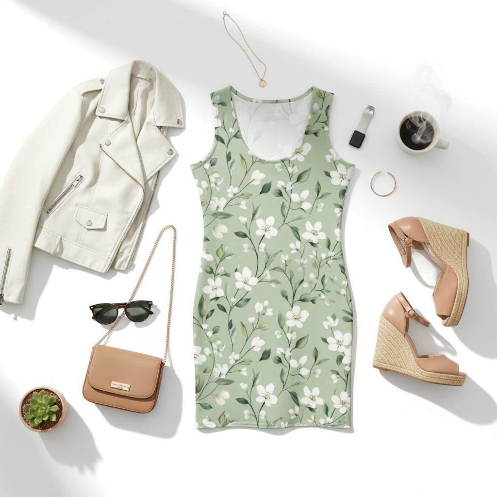 Green floral dress with beige jacket, handbag, sunglasses, and shoes on a white background