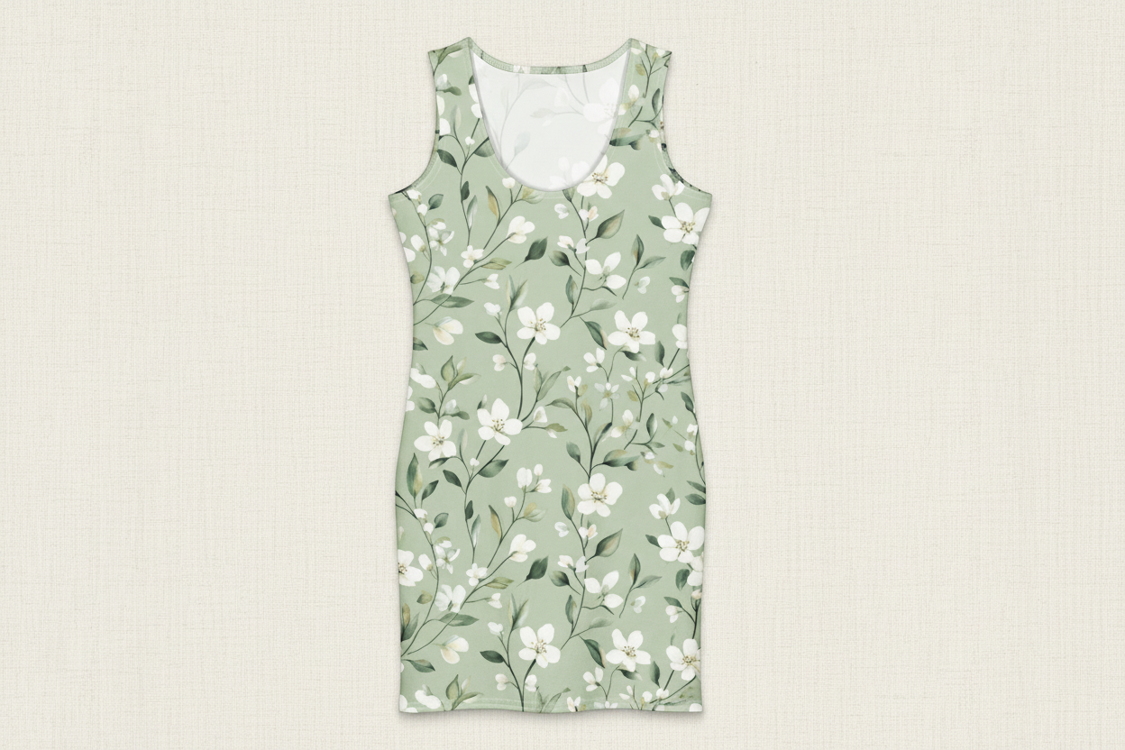 Green floral tank dress on a beige background