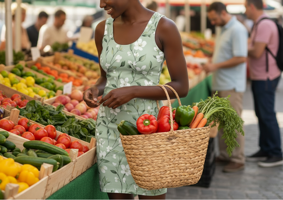 Woman shopping at an outdoor market with a basket of vegetables
