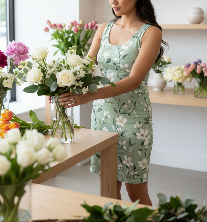 Woman in a floral dress holding flowers in a flower shop