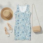 Blue floral dress with accessories including a hat, sandals, and handbag on a light gray background