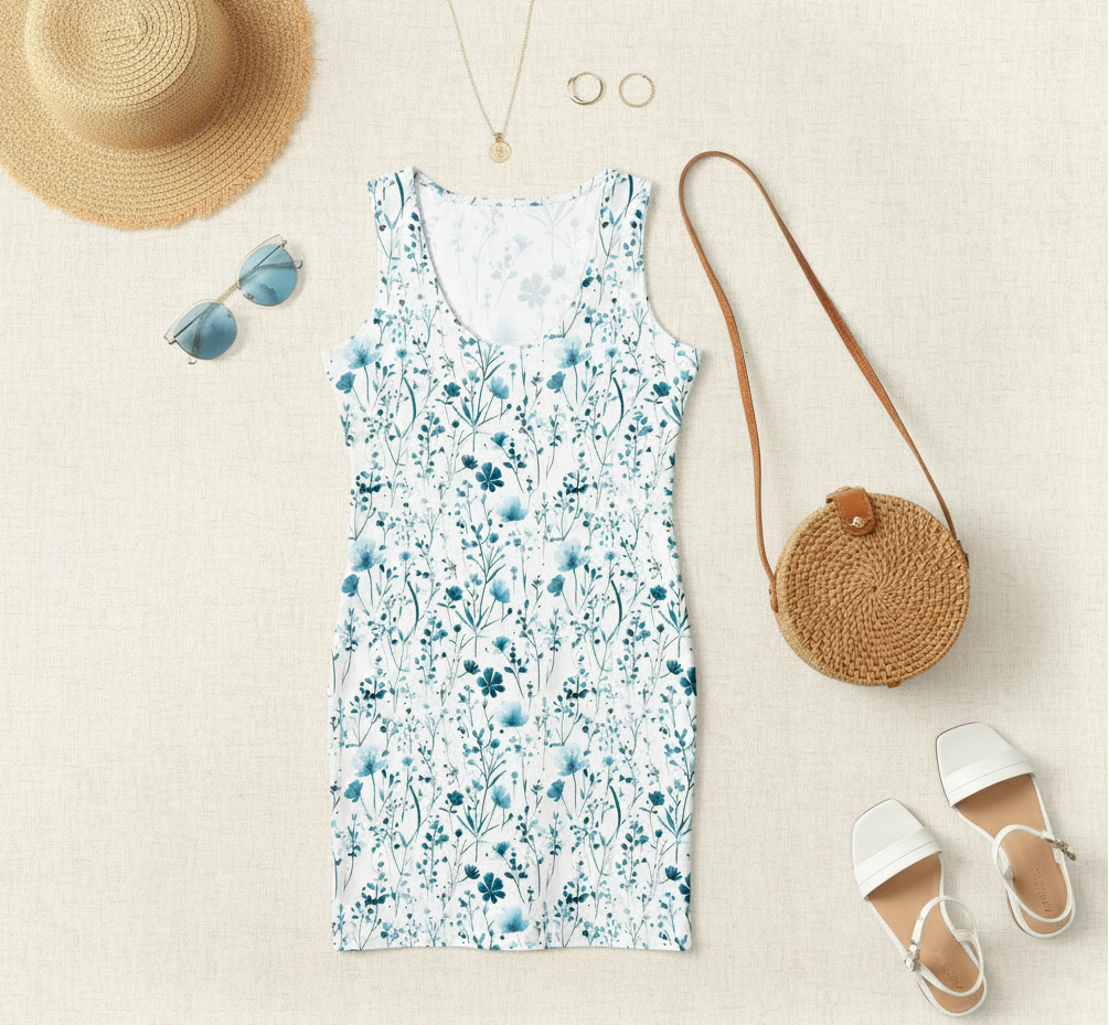 Floral dress with accessories including a hat, sunglasses, sandals, and a round bag on a beige background