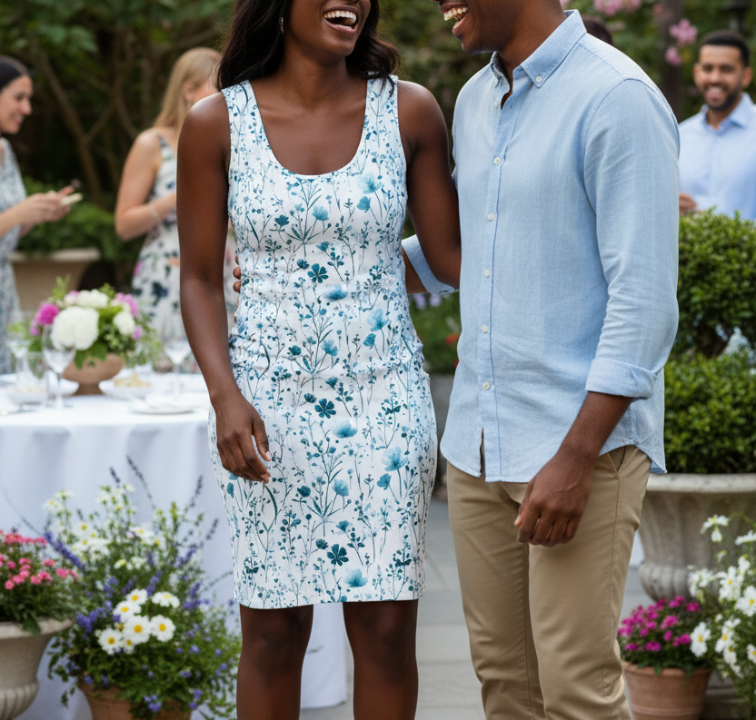 Woman in a floral dress standing next to a man in a light blue shirt at an outdoor event with flowers and people in the background.