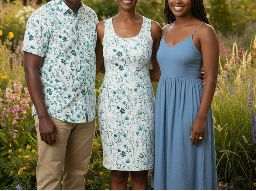 Three people standing in a field of flowers wearing floral and blue dresses.