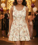 Woman wearing a floral dress in a festive indoor setting with balloons and people.