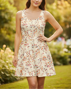 Woman wearing a floral dress in a garden setting
