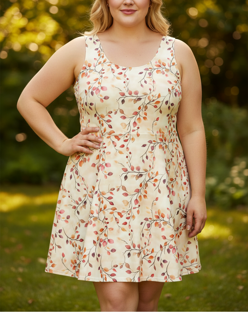 Woman wearing a floral dress outdoors with greenery in the background