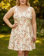 Woman wearing a floral dress outdoors with greenery in the background