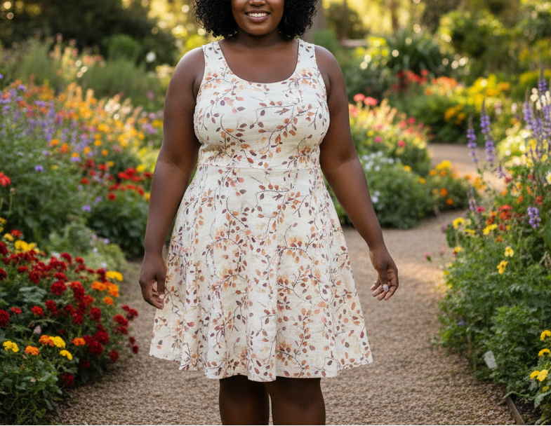 Woman in a floral dress standing in a garden with colorful flowers.