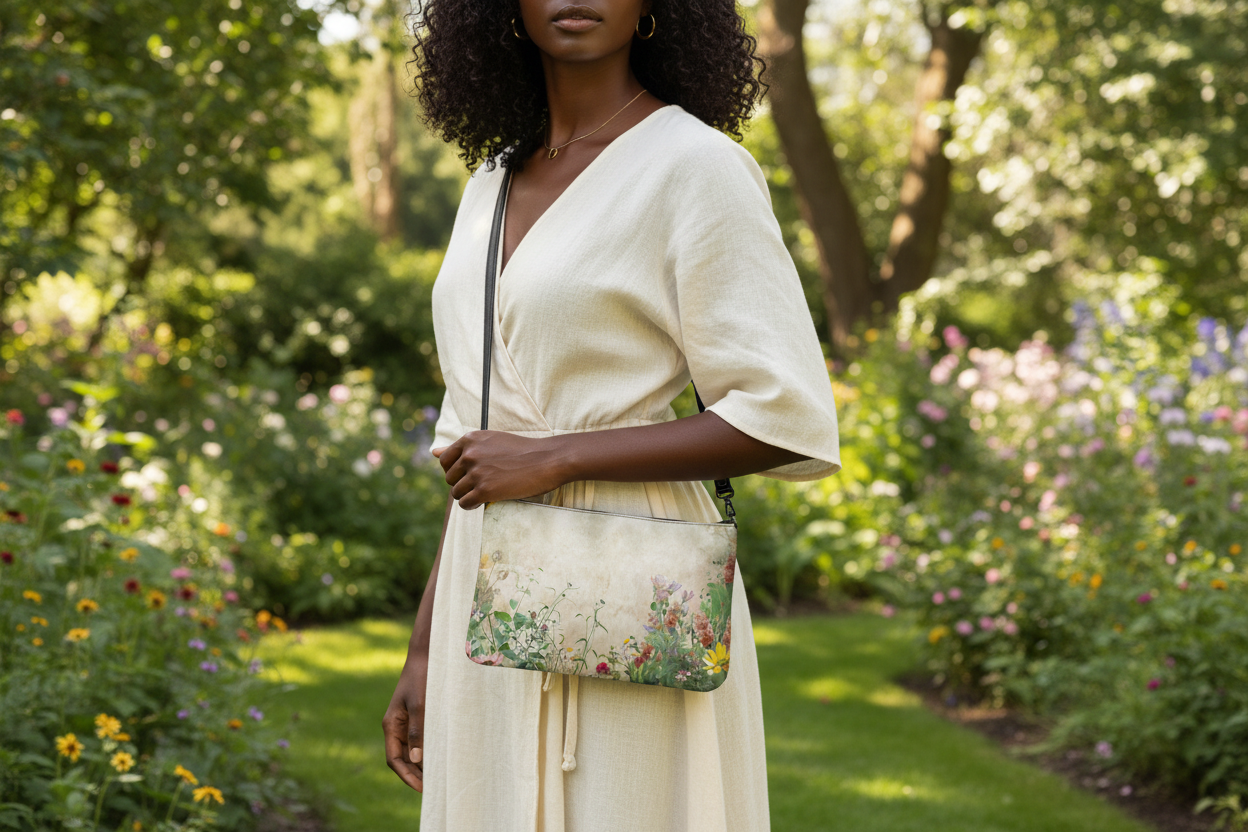 Woman in a light dress holding a floral handbag in a garden setting