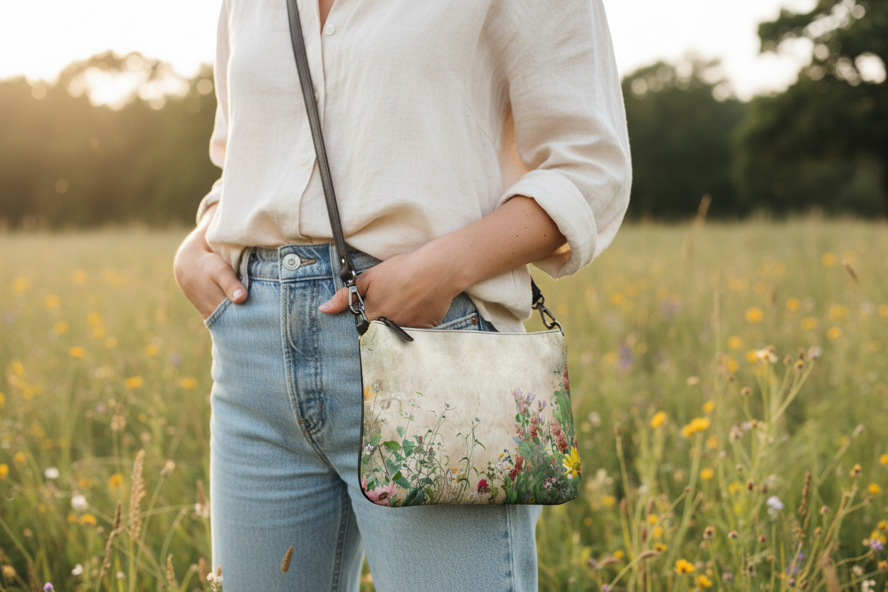 Person holding a floral handbag in a field of wildflowers