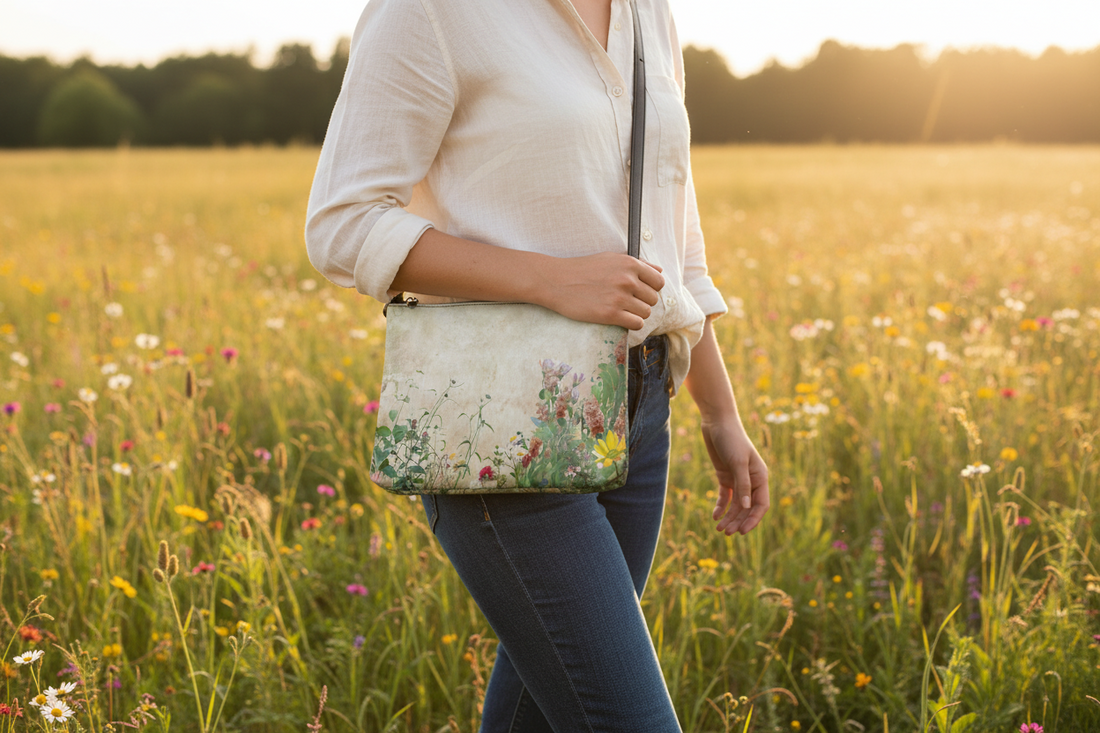 Person holding a floral-patterned handbag in a field of wildflowers