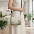 Woman holding a floral-patterned handbag in a modern indoor setting with plants.