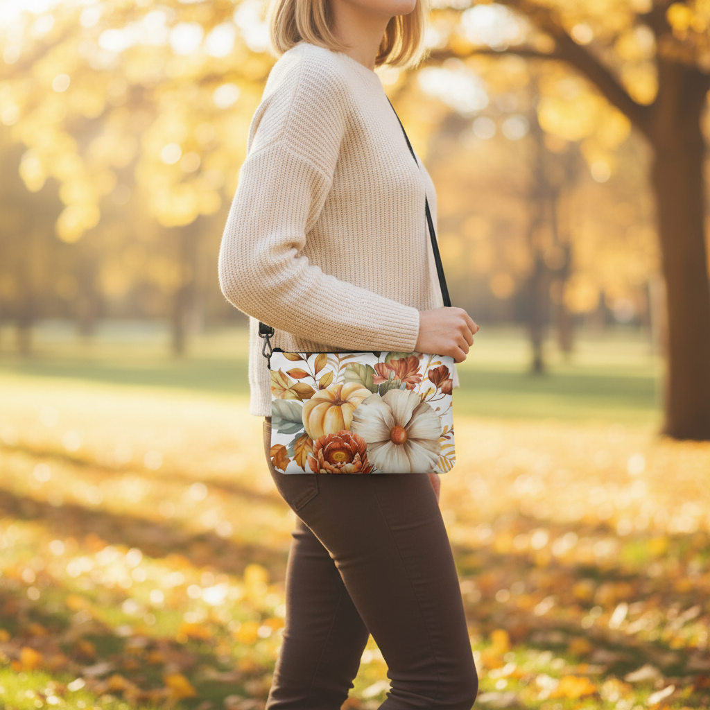 Woman in beige sweater and dark jeans holding a floral clutch in an autumn park.