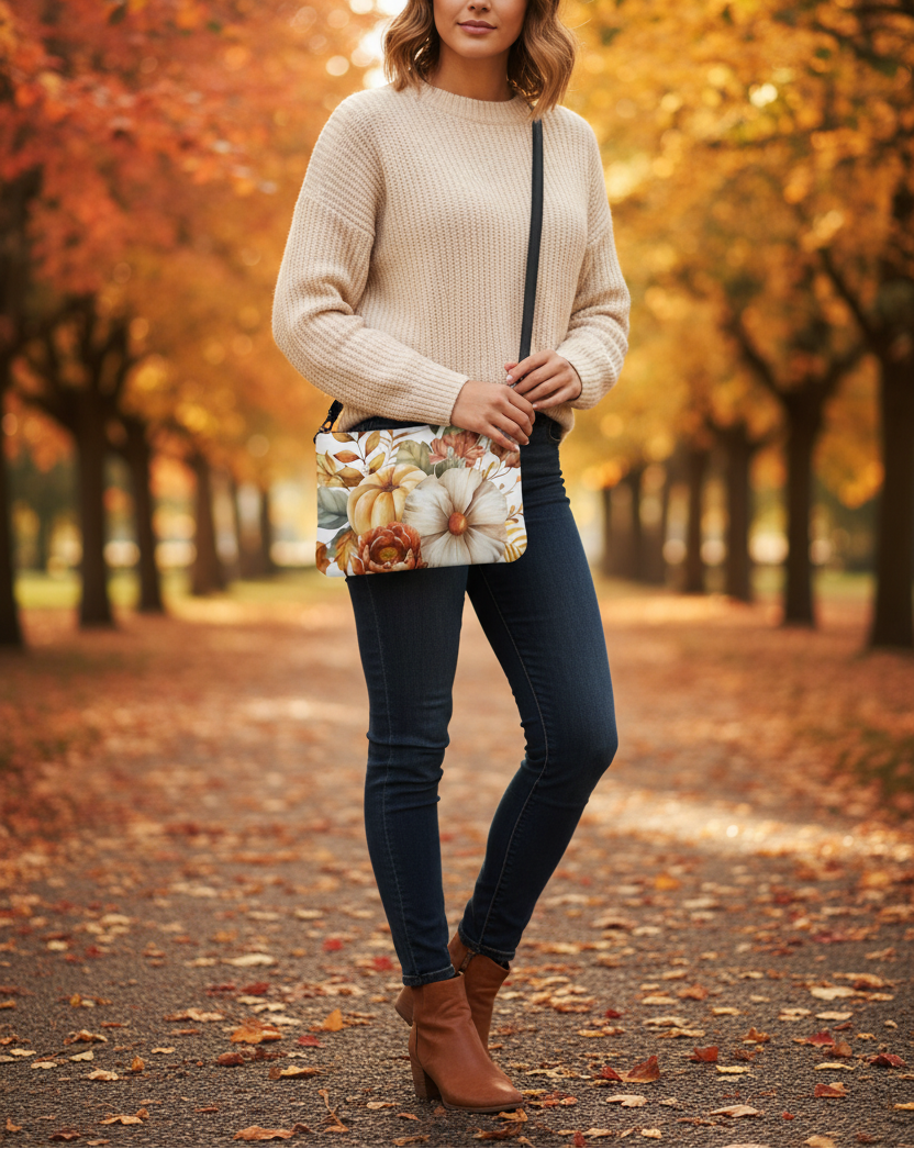 Woman in beige sweater and dark jeans holding a floral clutch in an autumn park.