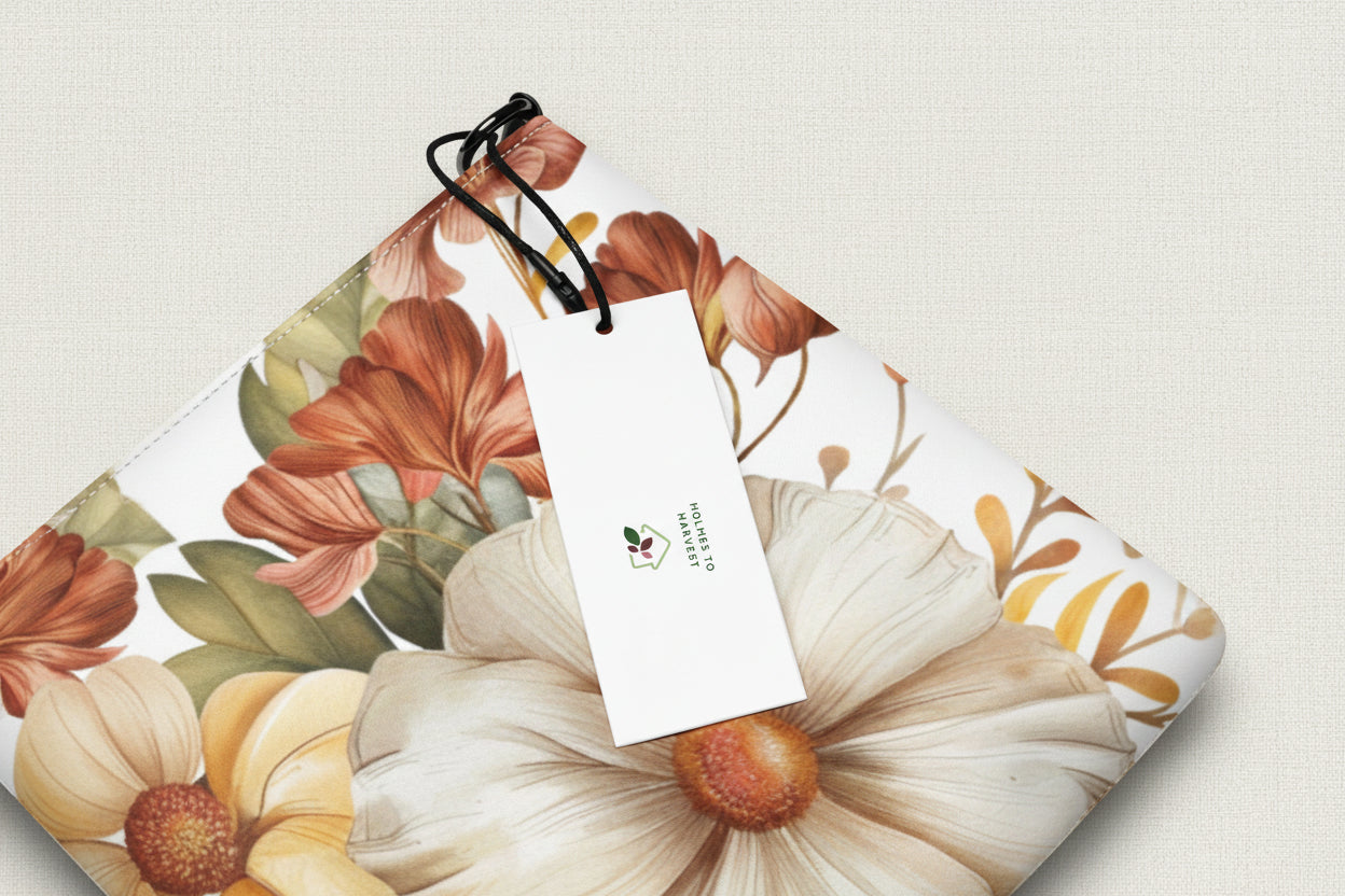 Floral-patterned pouch with a tag featuring a brand logo on a white background