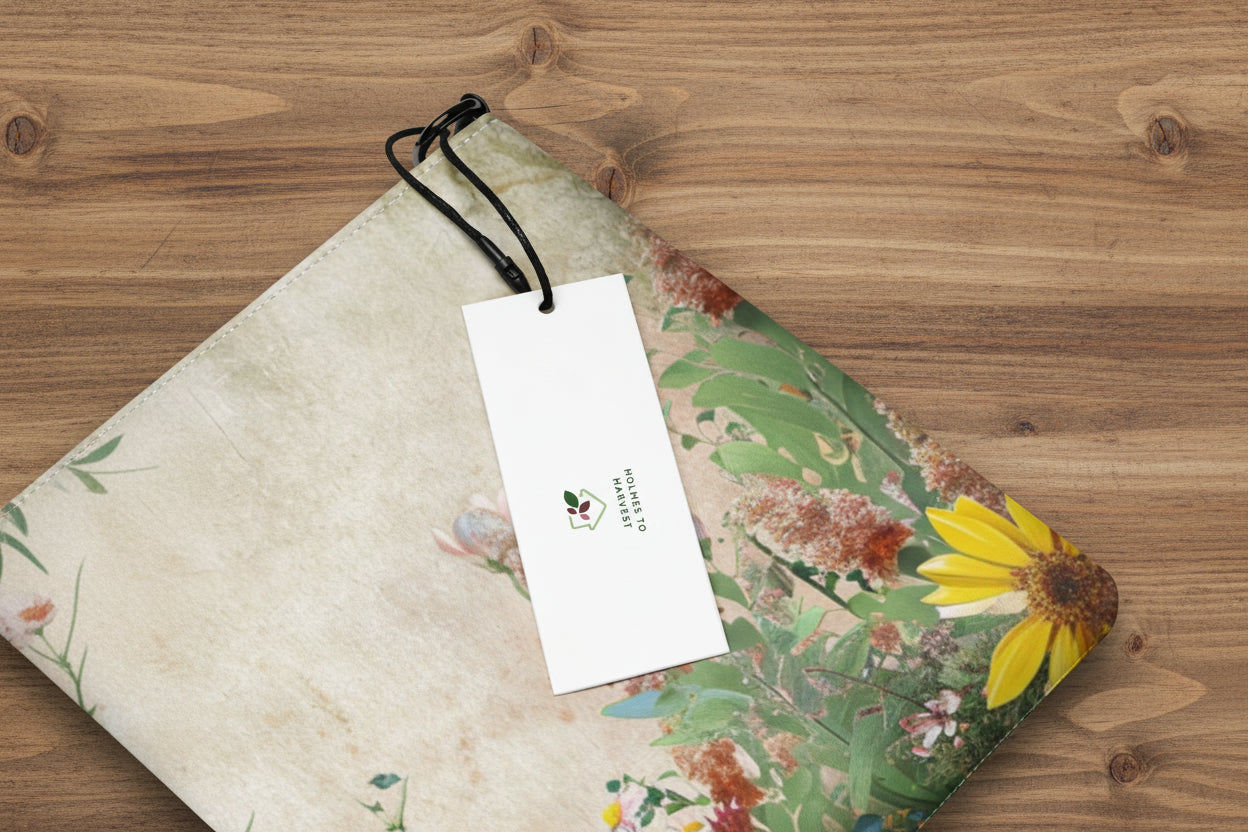 Floral-patterned product with a white tag featuring a logo on a white background