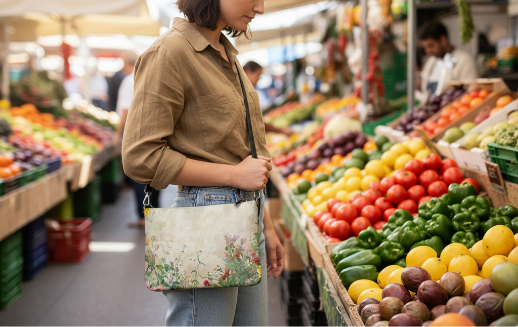Woman shopping at a farmers market with a reusable bag.