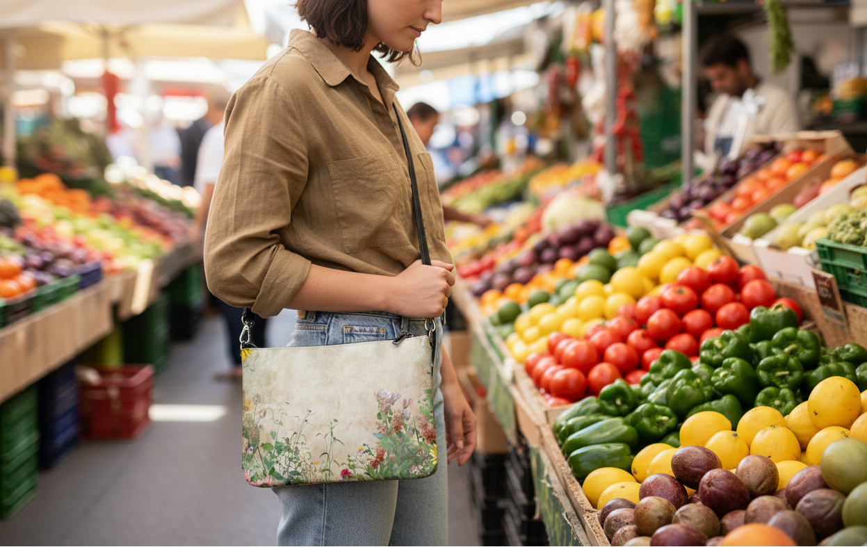 Woman shopping at a farmers market with a reusable bag.